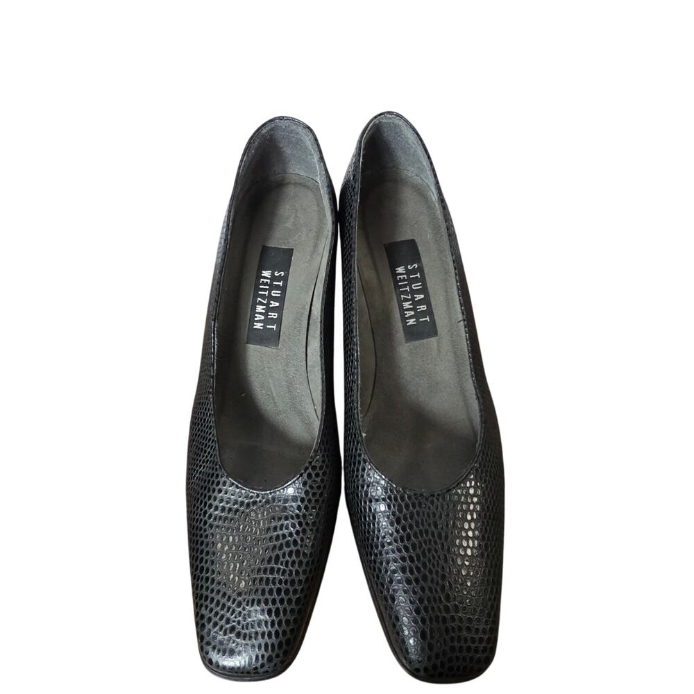 Stuart Weitzman Blk Snake Print Leather Block Cla… - image 4